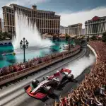F1 Racer speeding through the Las Vegas Bellagio fountains
