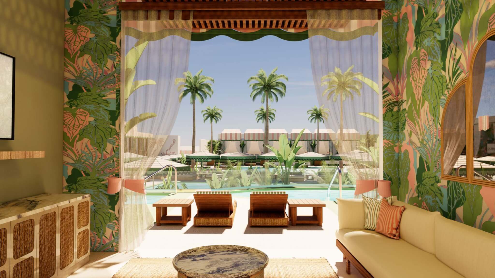 palm tree beach club inside cabana render