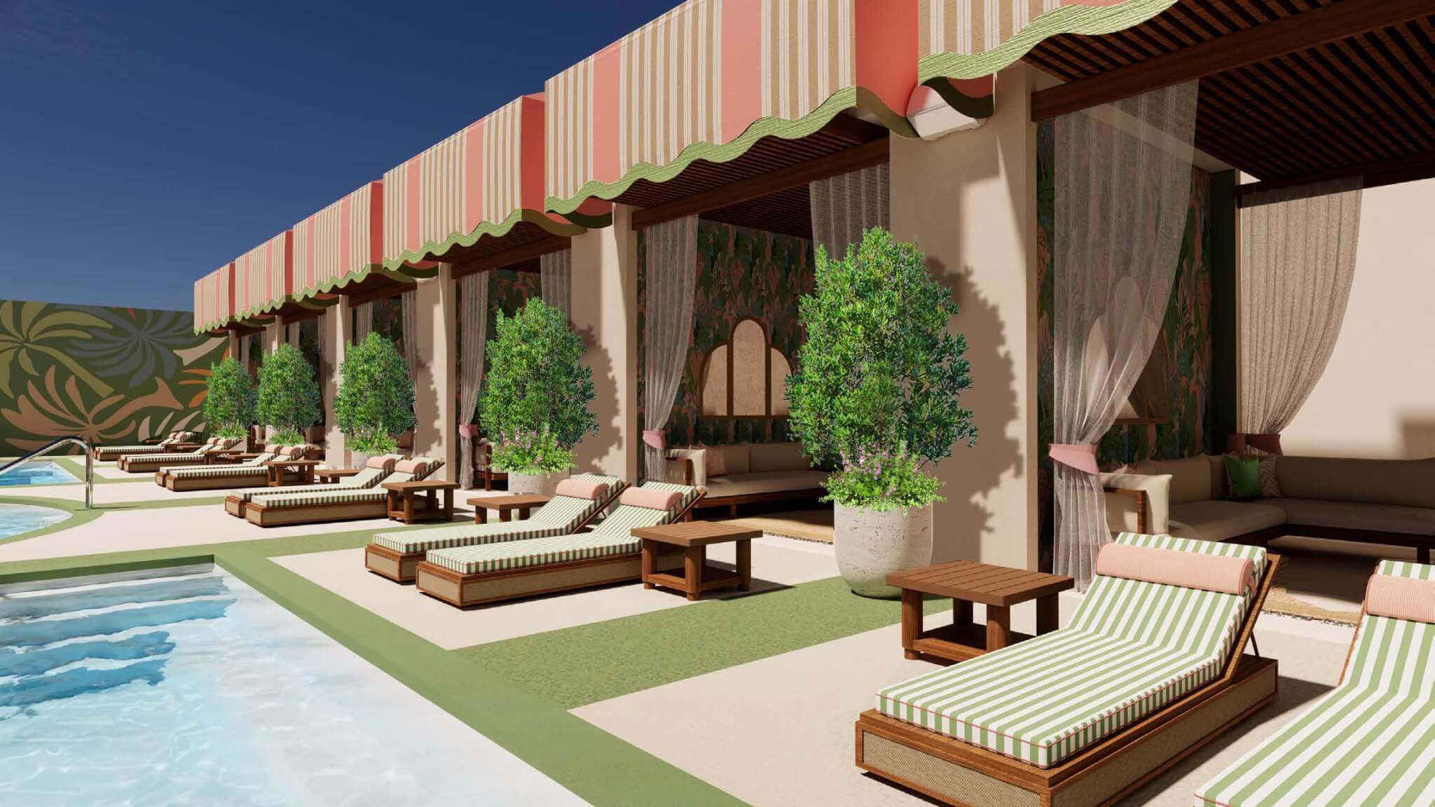 palm tree beach club cabana poolside render