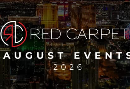 Las Vegas Strip skyline at night with Red Carpet VIP August 2026 events branding