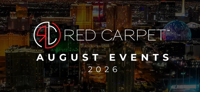 Las Vegas Strip skyline at night with Red Carpet VIP August 2026 events branding