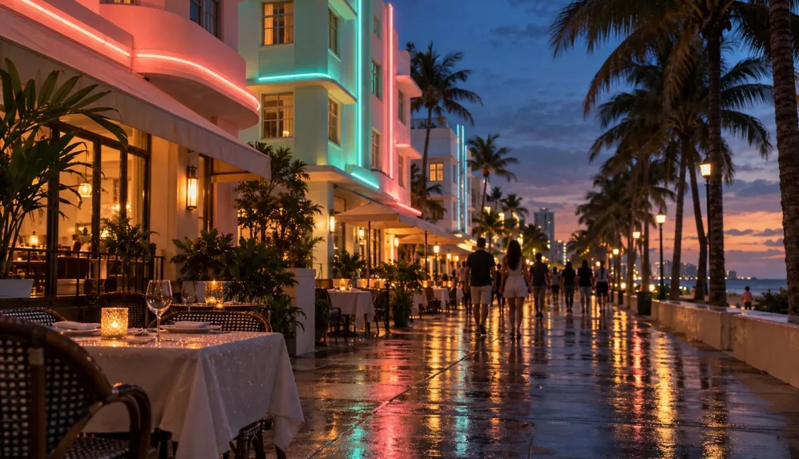 Art Deco hotels with pastel facades and neon trim line a palm-fringed Miami Beach street at dusk, with a candlelit cafe table in the foreground.