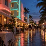 Art Deco hotels with pastel facades and neon trim line a palm-fringed Miami Beach street at dusk, with a candlelit cafe table in the foreground.