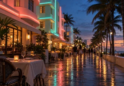 Art Deco hotels with pastel facades and neon trim line a palm-fringed Miami Beach street at dusk, with a candlelit cafe table in the foreground.