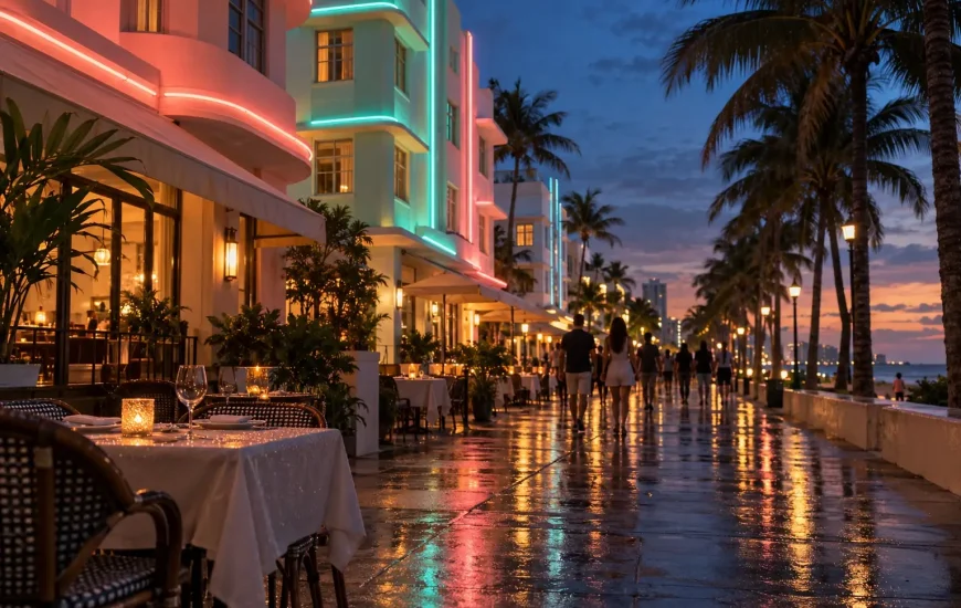 Art Deco hotels with pastel facades and neon trim line a palm-fringed Miami Beach street at dusk, with a candlelit cafe table in the foreground.
