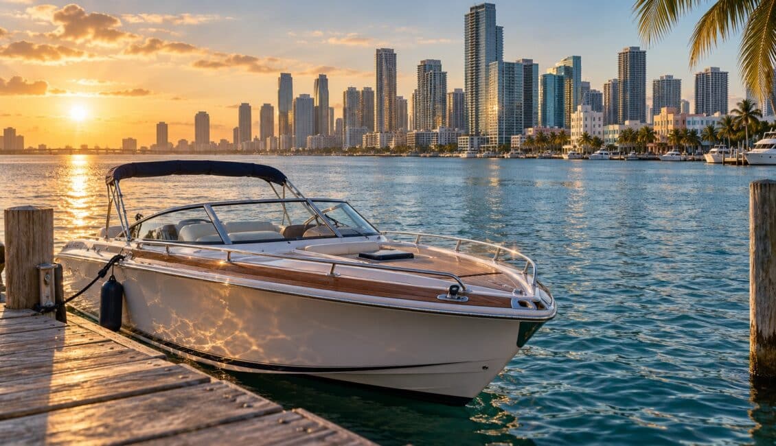 A white VIP speedboat moored at a Biscayne Bay marina dock with the Miami skyline across the water at golden hour.