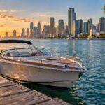 A white VIP speedboat moored at a Biscayne Bay marina dock with the Miami skyline across the water at golden hour.