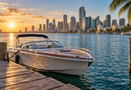 A white VIP speedboat moored at a Biscayne Bay marina dock with the Miami skyline across the water at golden hour.